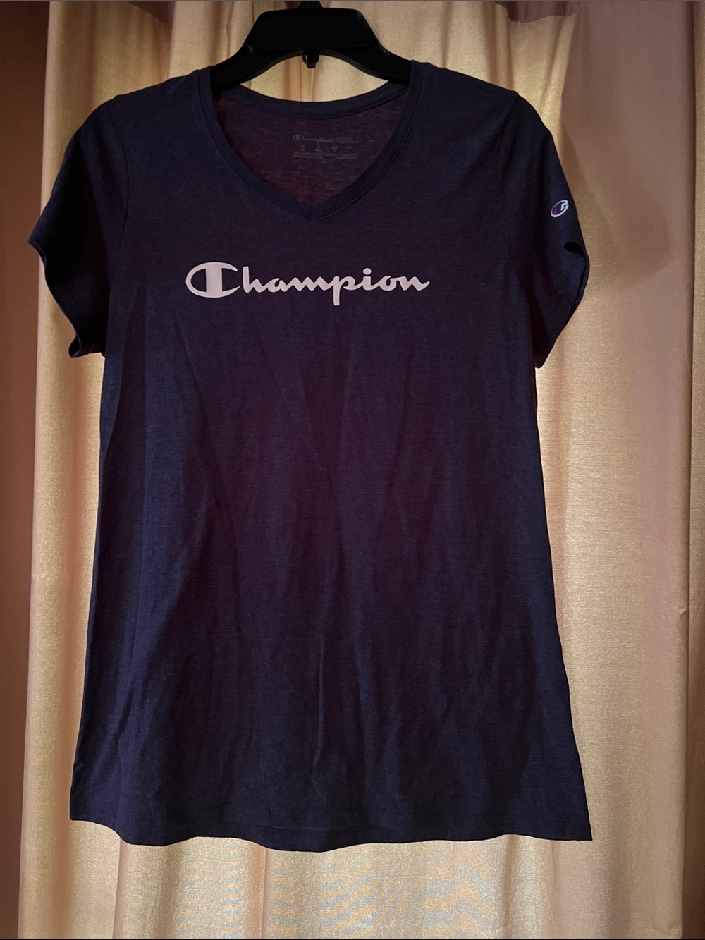 Champion Women’s Navy V-Neck Tee with White Logo